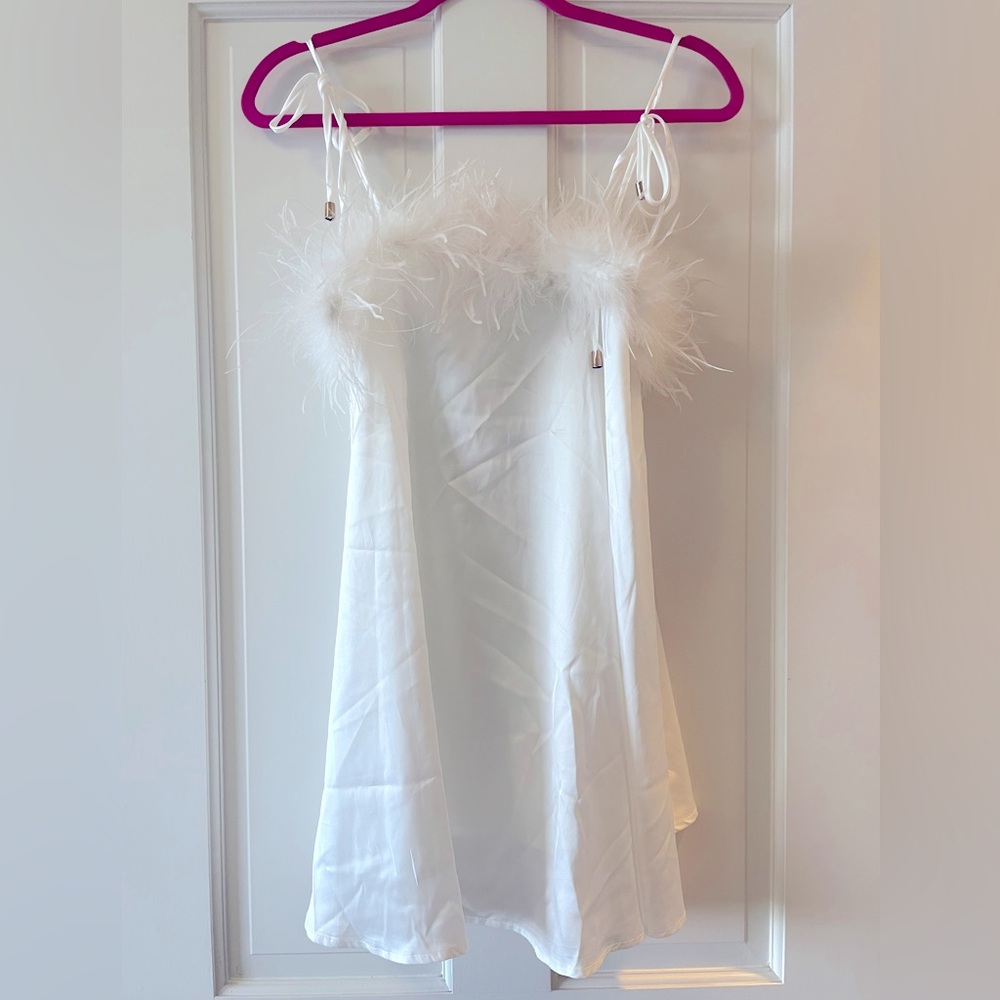 NWT! Nasty Gal Feather Trim Satin Nighty Slip Dress in White - Picture 6 of 11
